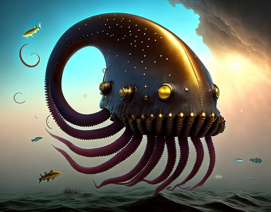A Steampunk Squid travelling above the waves