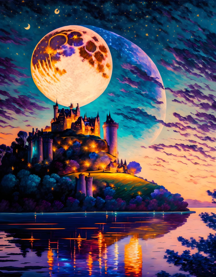 Castle on a hillside at night