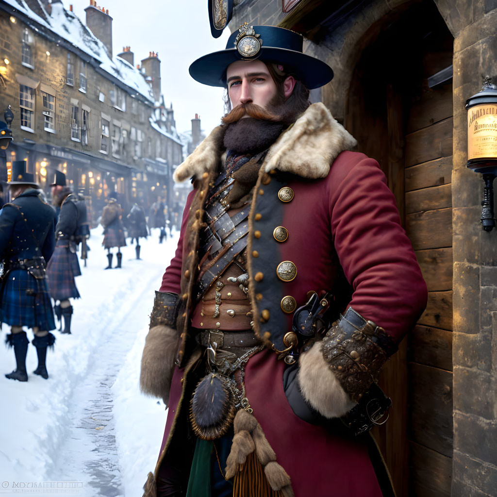 Scottish Highlander in Victorian snowy London