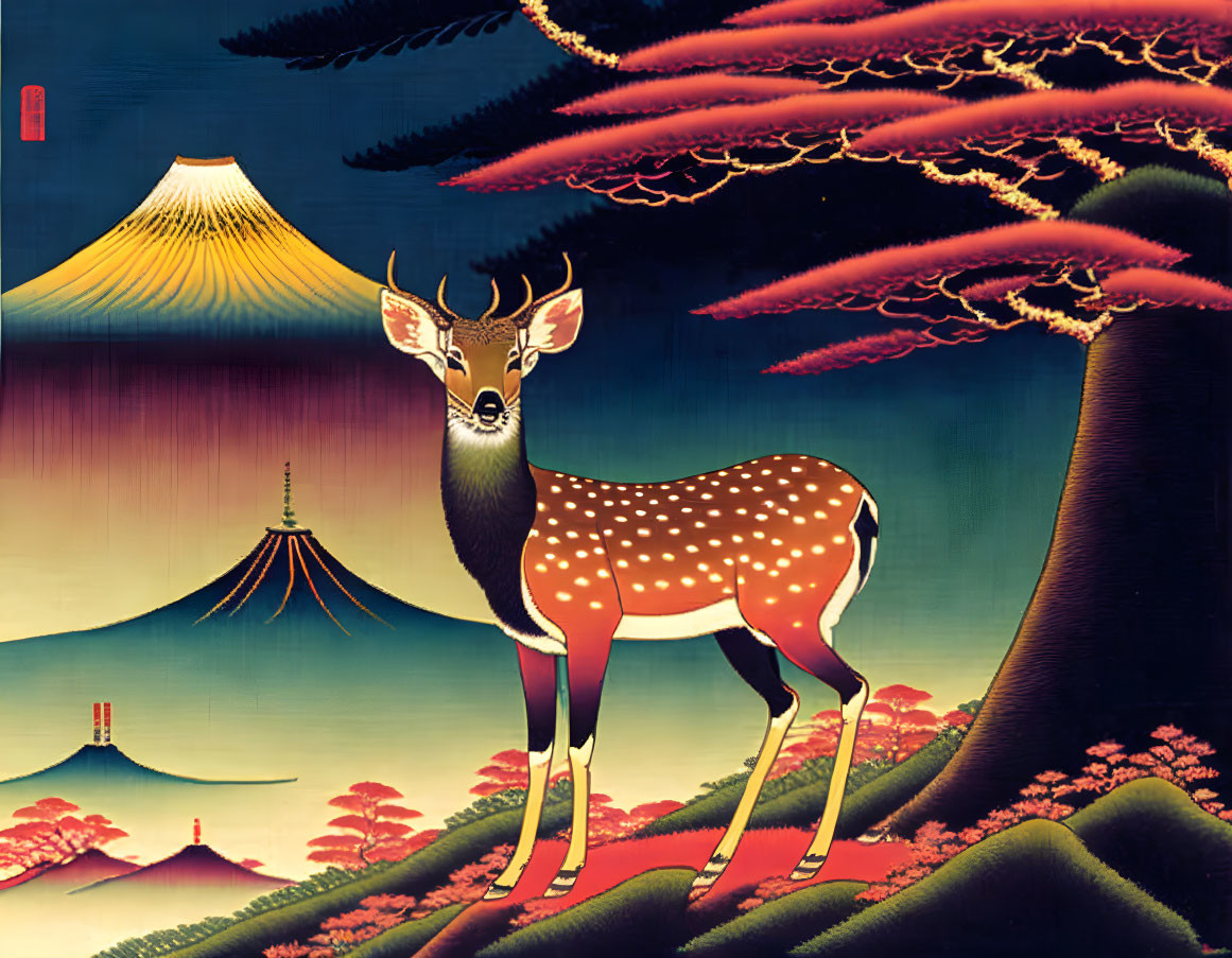 Holy Sika Deer in front of Mount Fuji