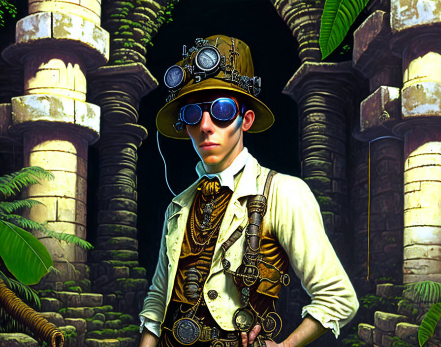 Steampunk Scientist in old ruins