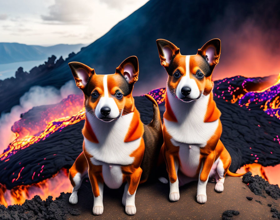Twin dogs on lava