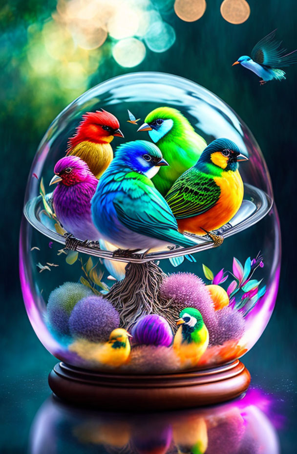 *colorful birds in an open glass sphere*
