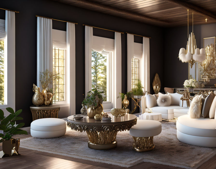 "Bohemia Luxe:Living Room in Black,White & Gold-2"