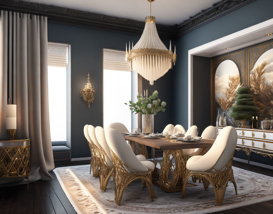 "Bohemia Luxe:Dining Room in Dark Grey,White Gold"