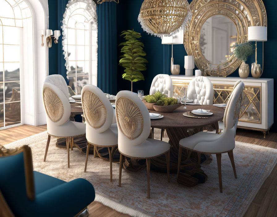 "Bohemia Luxe:Dining Room in Blue, White & Gold"