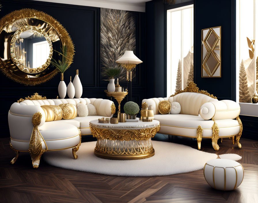 "Bohemia Luxe:Living Room in Midnight,White& Gold"