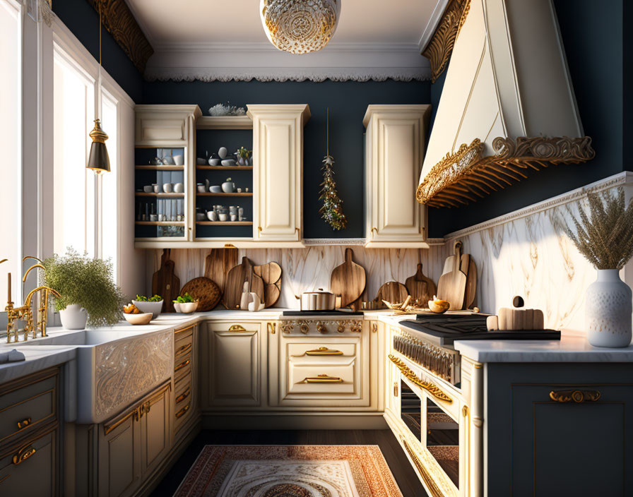 "Bohemia Luxe Galley Kitchen: Walnut, Navy & Gold"