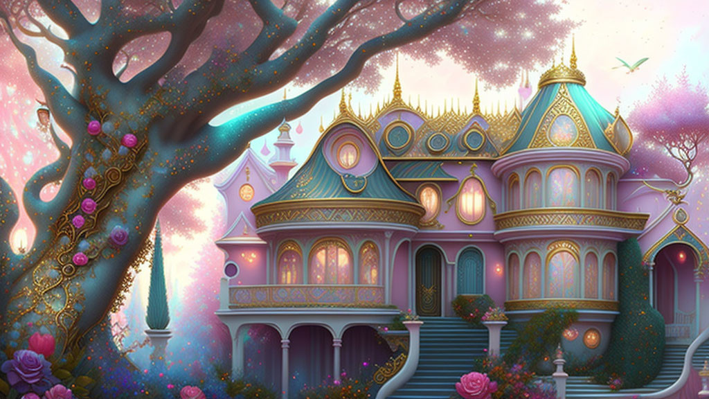 "Majestic Manor In Rose and Teal"