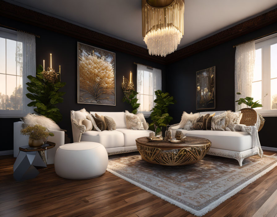"Bohemia Luxe:Living Room in Black, White & Gold"