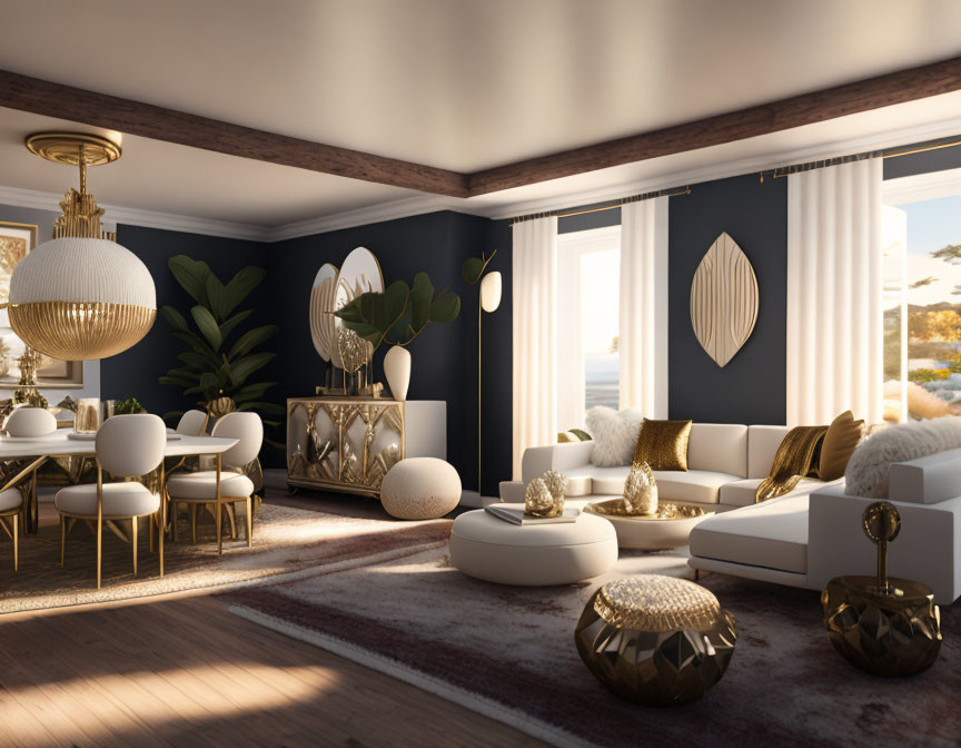 "Bohemia Luxe:Living -Dining Rm:Navy, White &Gold"