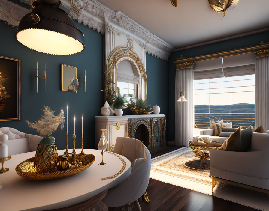 "Bohemia Luxe:Living-Dining Rm2:Navy,White & Gold"