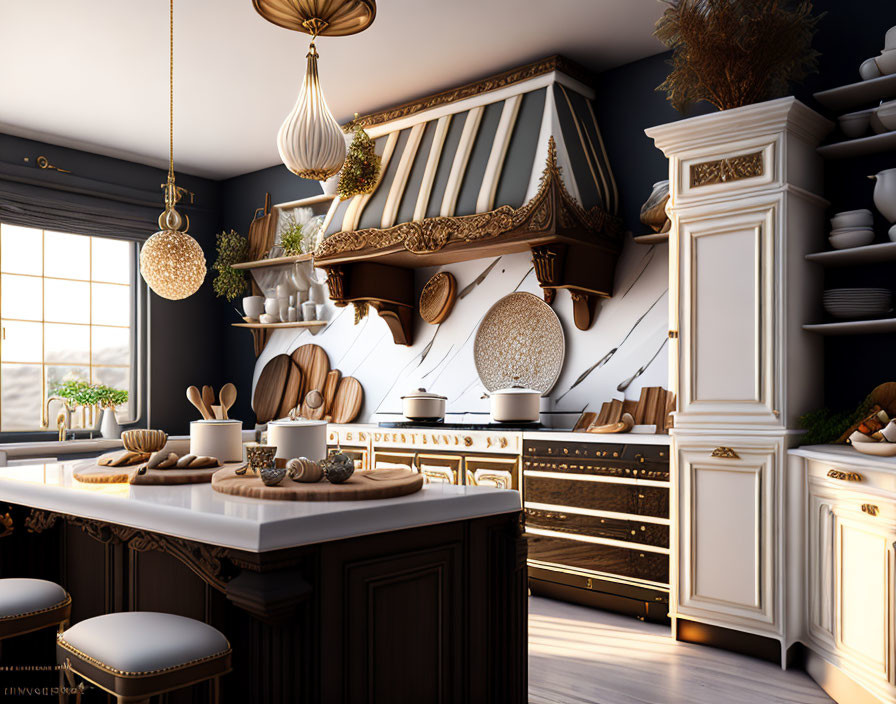 "Bohemia Luxe Kitchen in Walnut, Grey, and Gold"