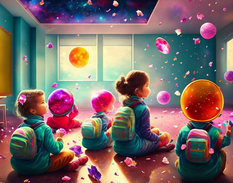 Classroom in outer space with flower pedals 