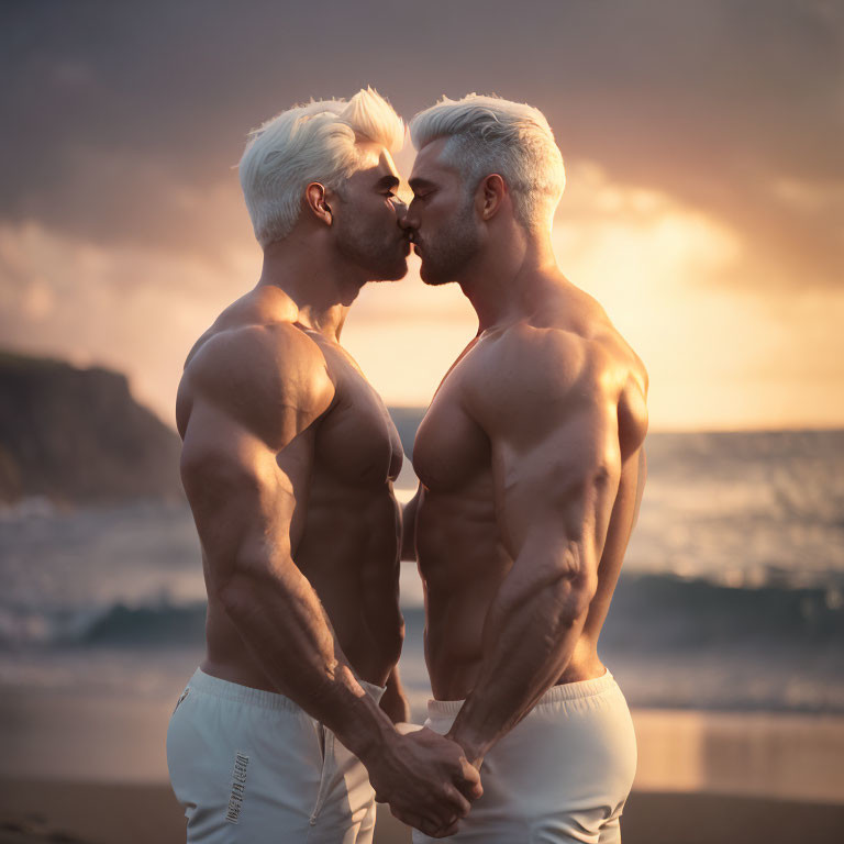 Muscled men kissing at the beach