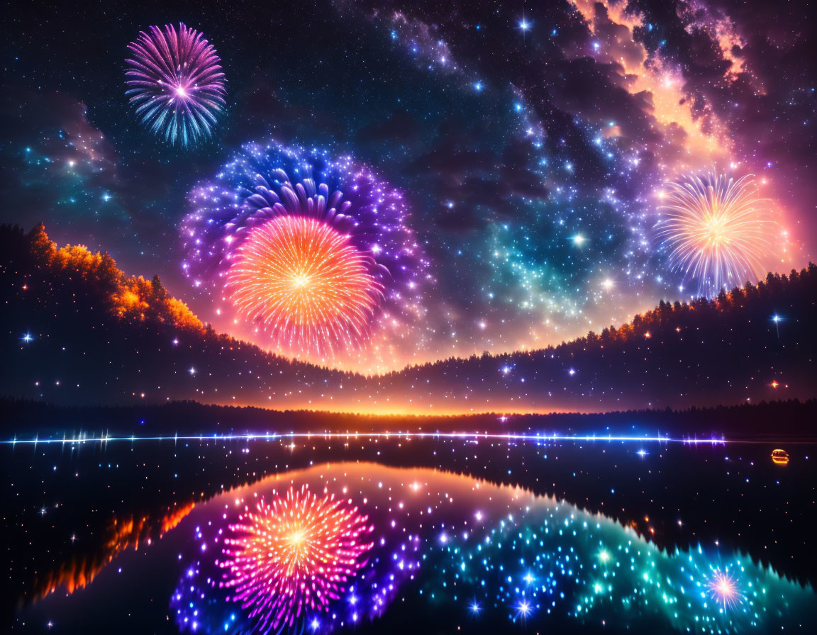 Great fireworks blooming in the summer night sky