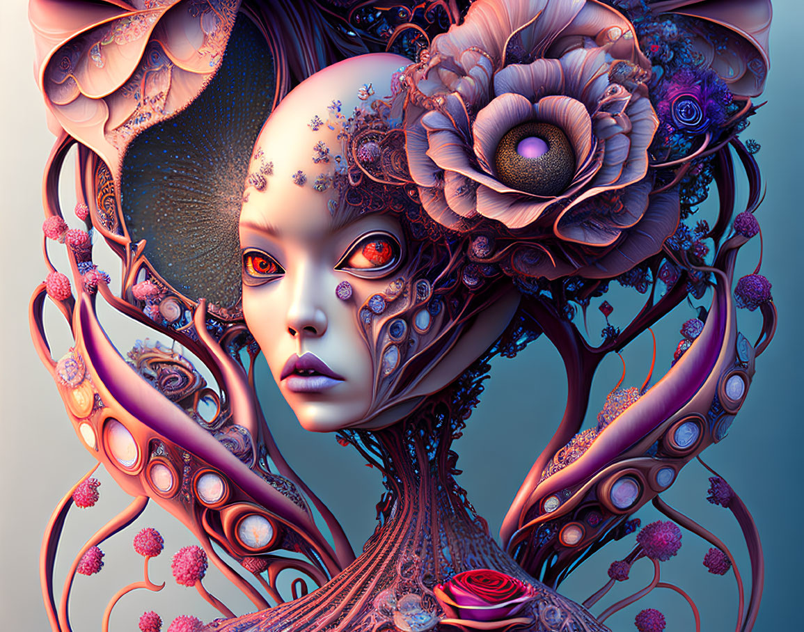 Detailed digital artwork of female figure with floral motifs and vibrant colors