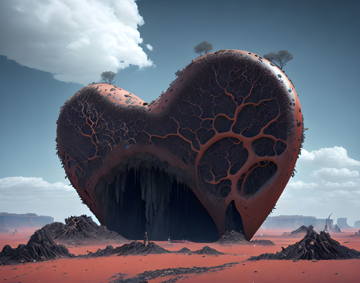 Surreal heart-shaped formation in red desert landscape