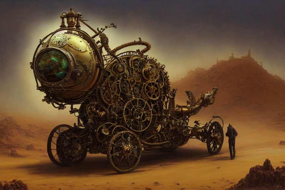 Steampunk vehicle with gears and pipes in desert landscape