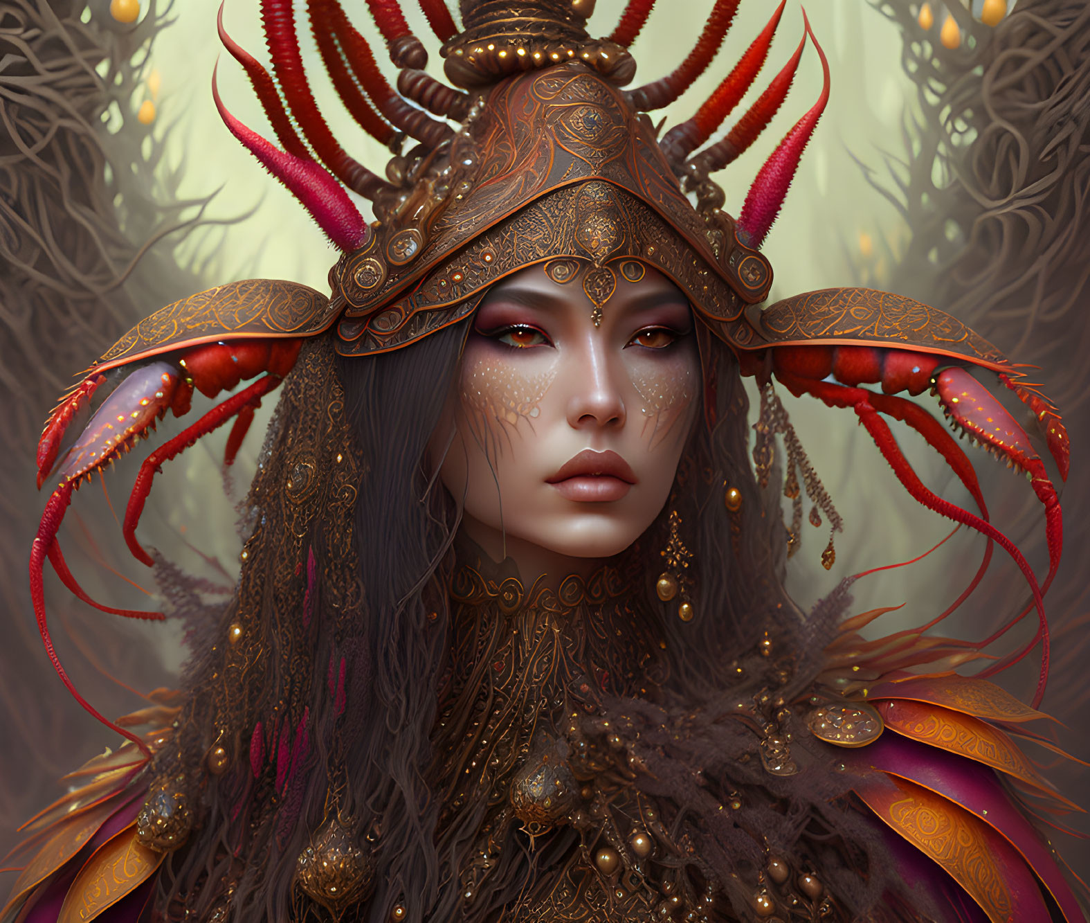 Fantasy Female Character with Gold and Red Headdress and Armor in Twisted Branches