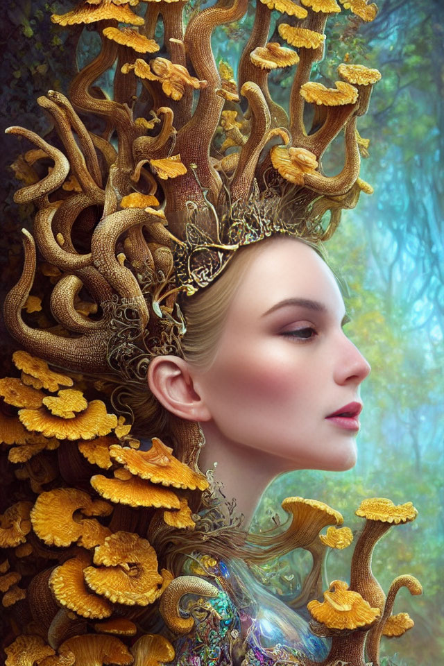 Woman's profile with crown, tree branches, yellow mushrooms in misty forest