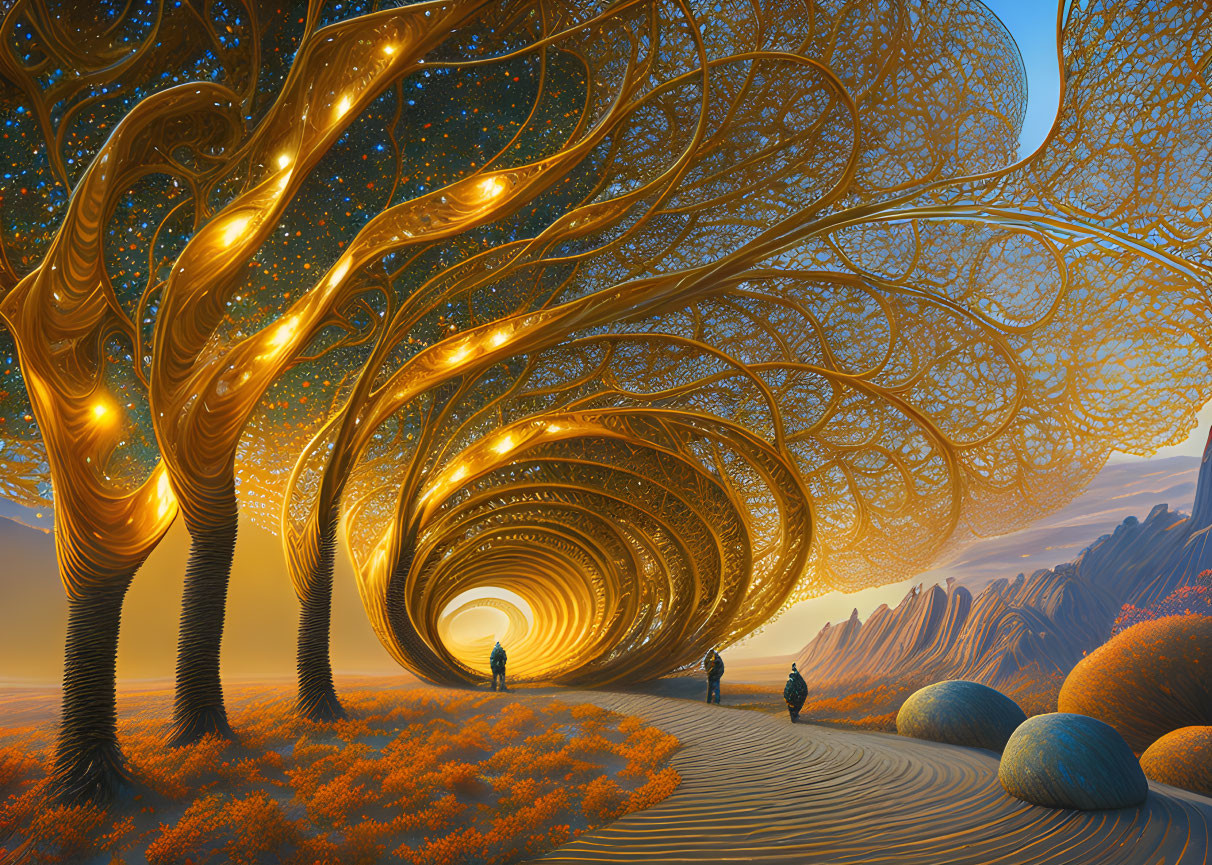 Glowing spiraled trees in fantastical landscape with illuminated tunnel and orange flora
