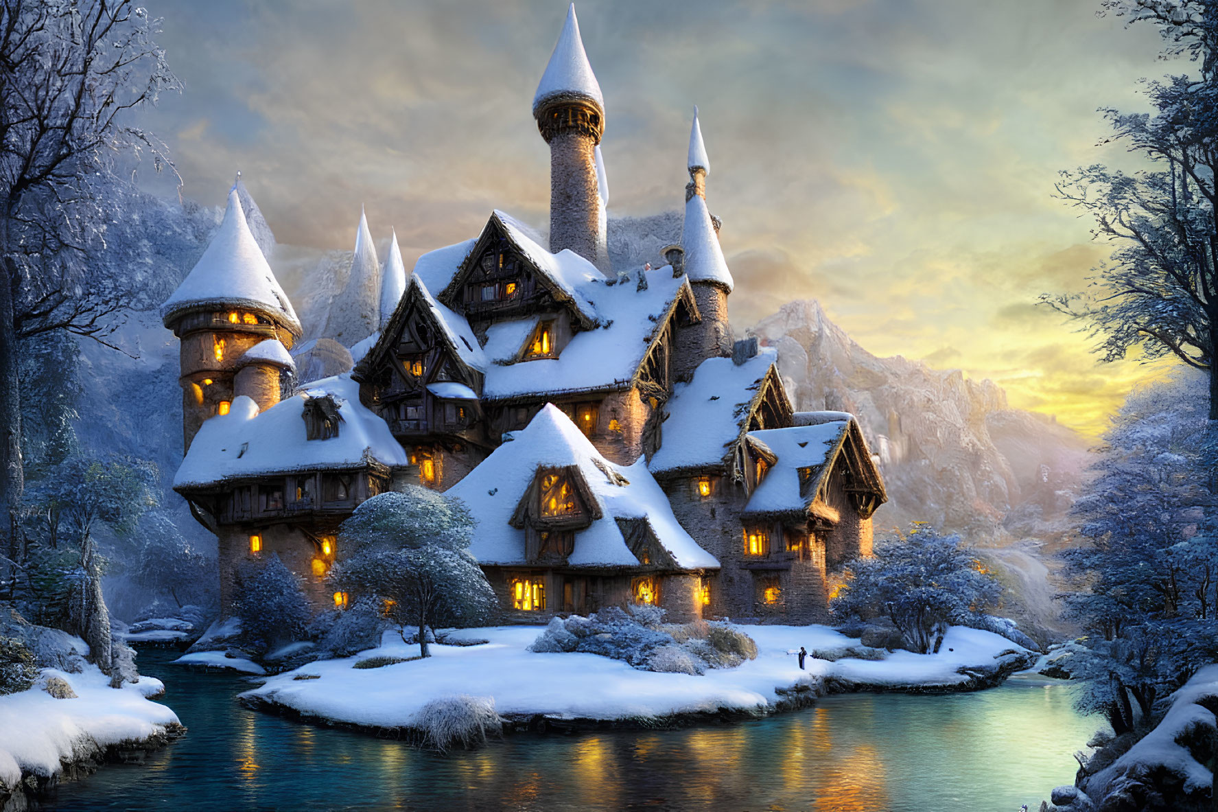 Snowy castle with lit windows by tranquil river at twilight