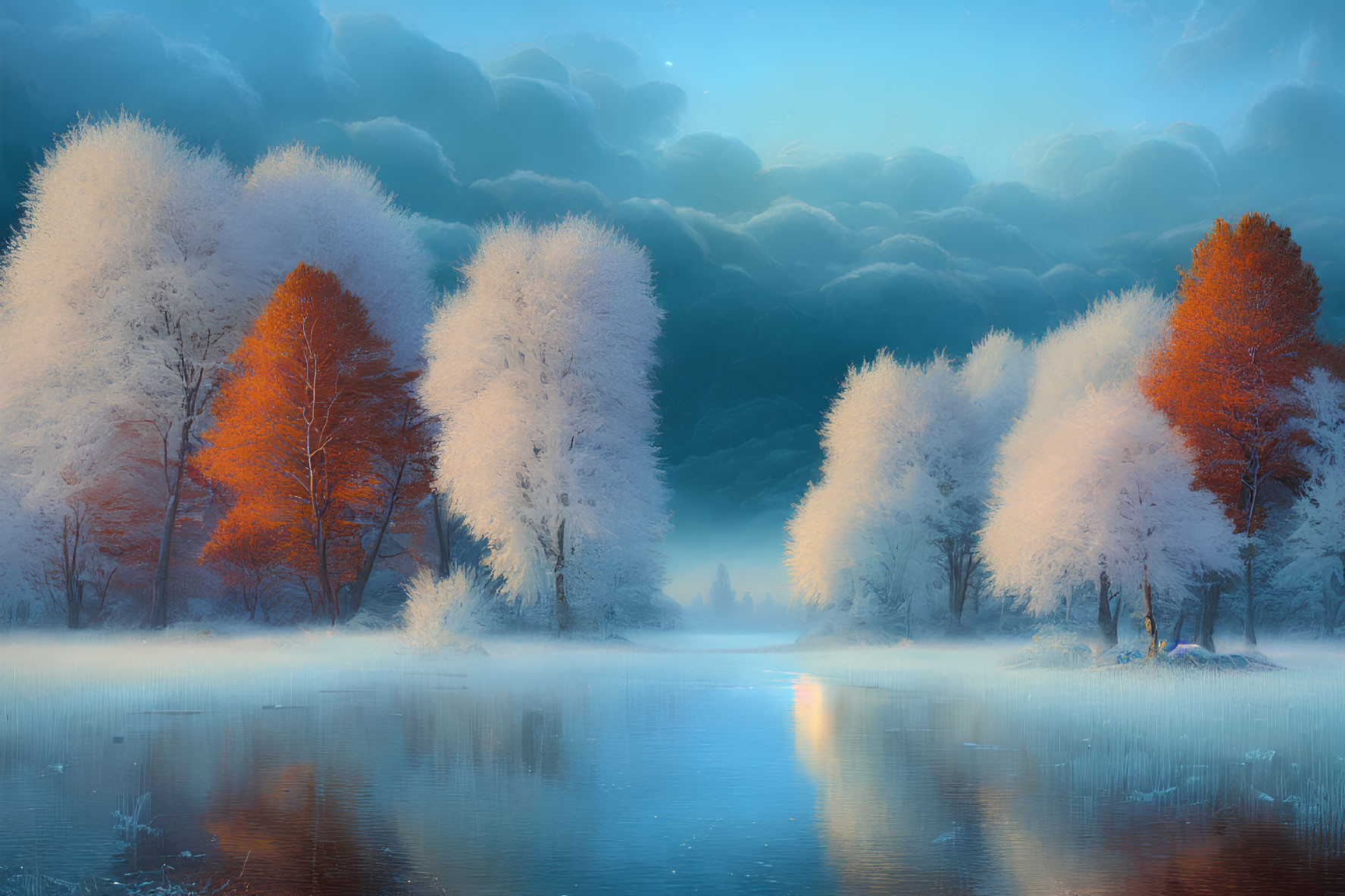 Tranquil winter landscape: frost-covered trees, serene lake, gentle sunrise