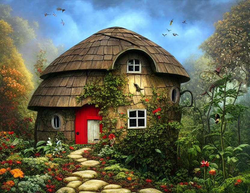 Round stone house with thatched roof, red door, ivy, gardens, birds in enchanted forest