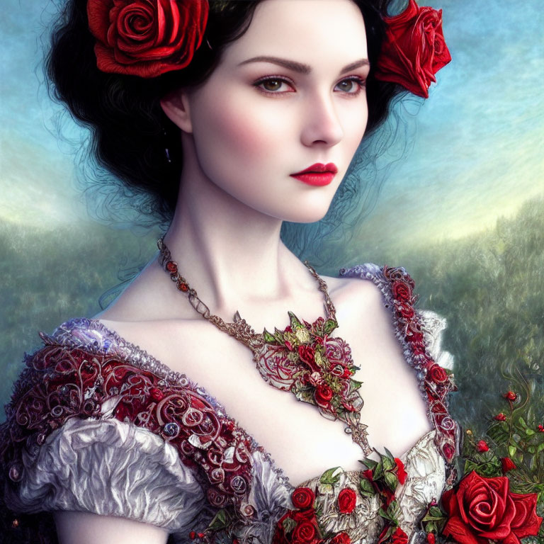 Portrait of Woman with Fair Skin, Dark Hair, Red Lips, Roses in Hair, Wearing Red