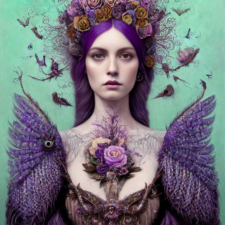 Surreal portrait of woman with purple hair, floral crown, feathered wings, and botanical details