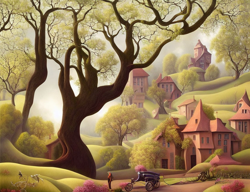 Tranquil storybook landscape with hills, trees, houses, carriage, and bicycle