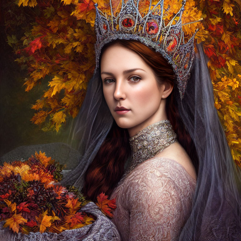 Regal woman with ornate crown and veil among autumn leaves