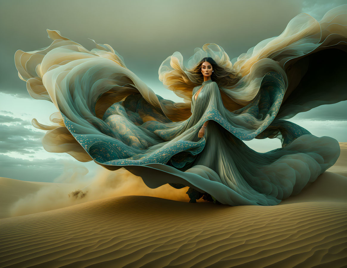 Woman in embellished gown standing on desert dune under dramatic sky