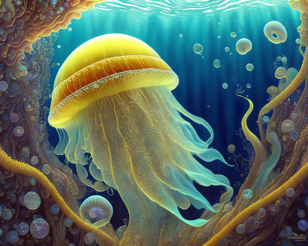 Detailed Golden Jellyfish Submerged Underwater