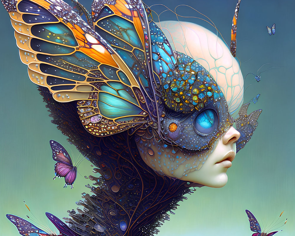 Surreal humanoid figure with butterfly features and surrounding butterflies