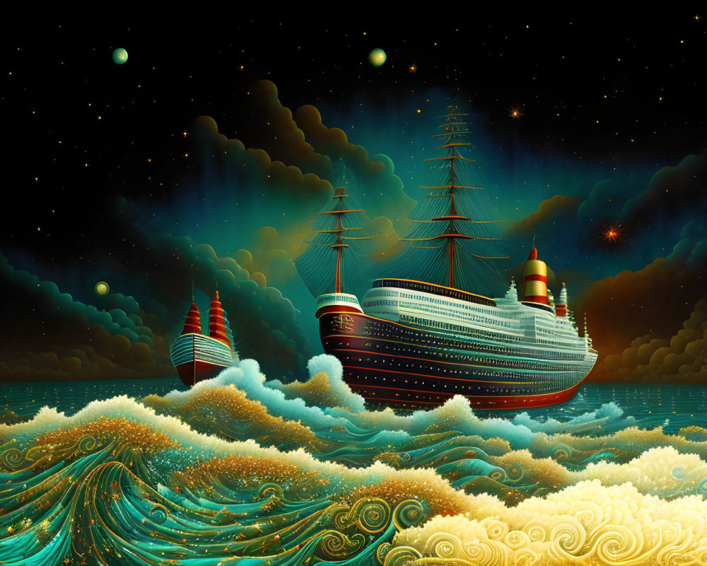 Illustration of large ship with sails at night on vibrant sea.