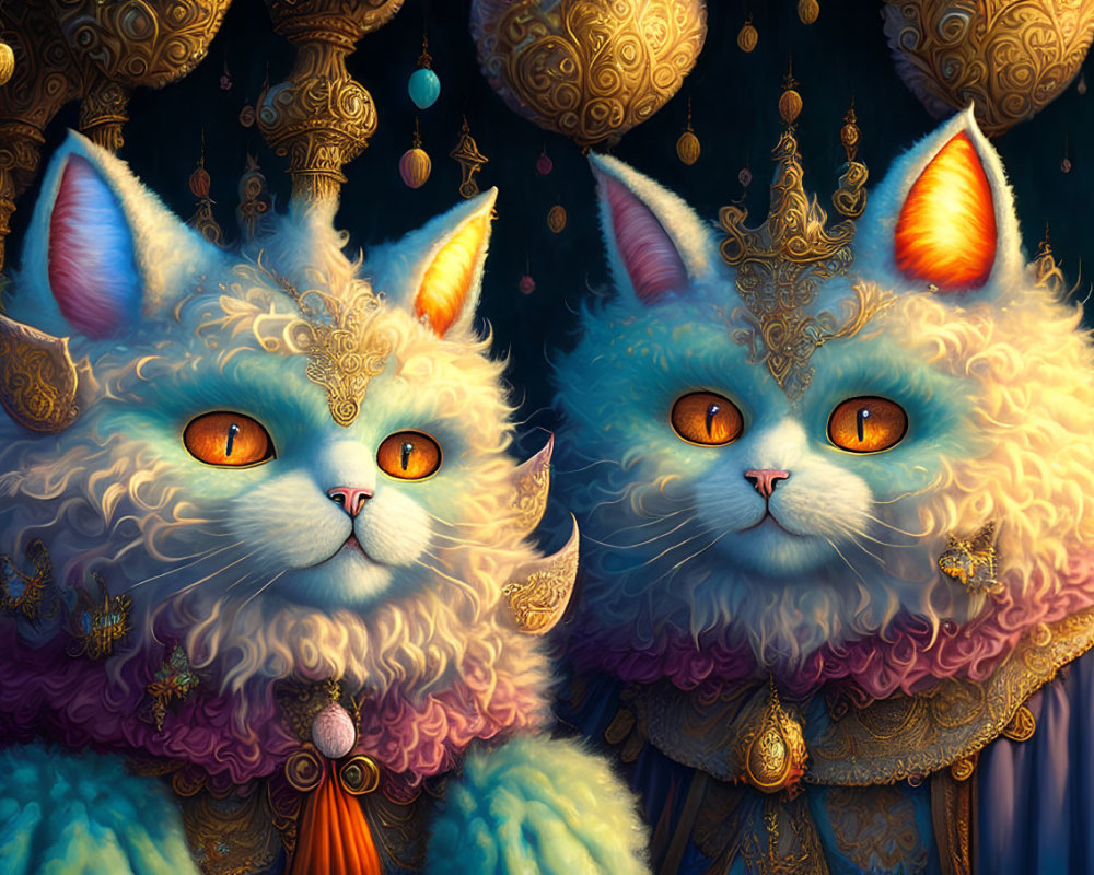 Regal cats with golden eyes and ornate attire amidst decorative baubles