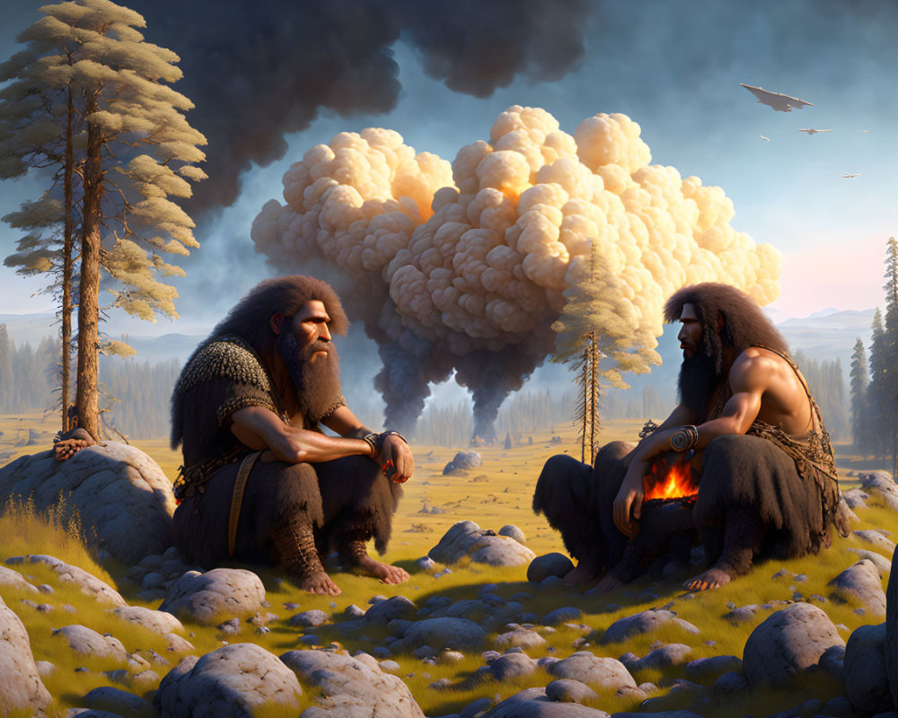 Ancient warriors by fire with forest and mushroom cloud.