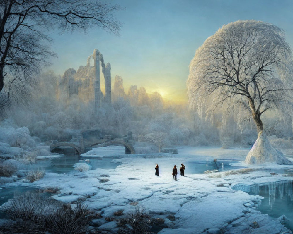 Winter Sunrise Landscape with Three People on Snowy Riverbank