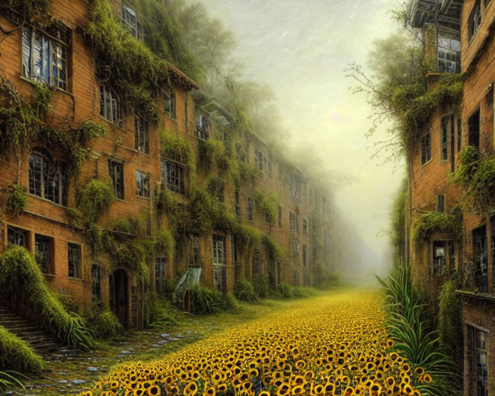 Sunflower-lined path through ivy-covered alley under mystical sky