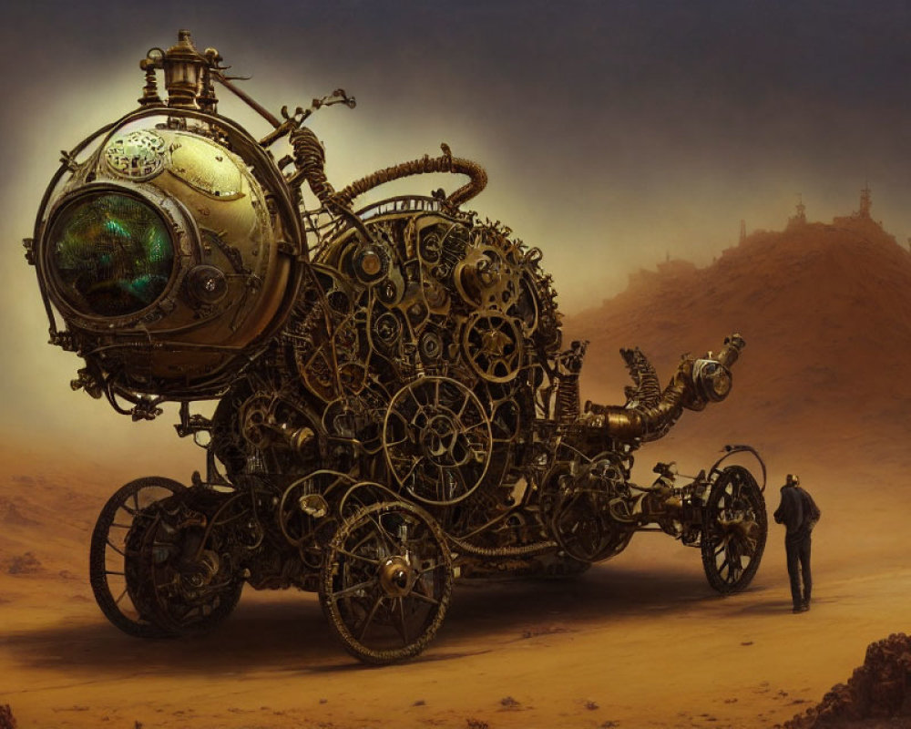 Steampunk vehicle with gears and pipes in desert landscape