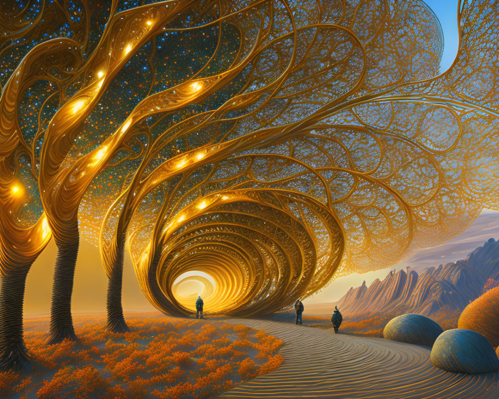 Glowing spiraled trees in fantastical landscape with illuminated tunnel and orange flora