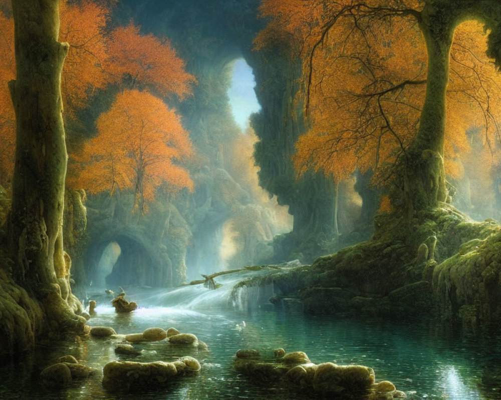 Ethereal forest scene: golden leaves, mist, tranquil river, stone arches.