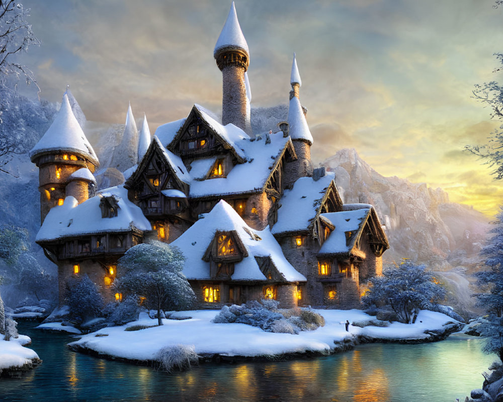 Snowy castle with lit windows by tranquil river at twilight