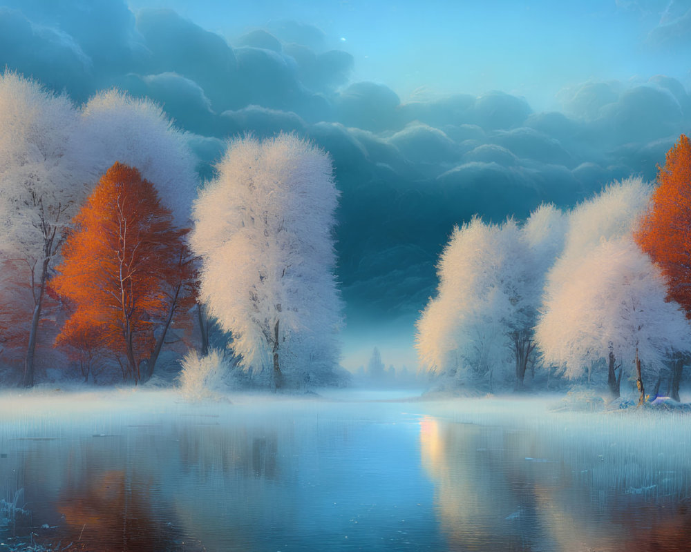 Tranquil winter landscape: frost-covered trees, serene lake, gentle sunrise