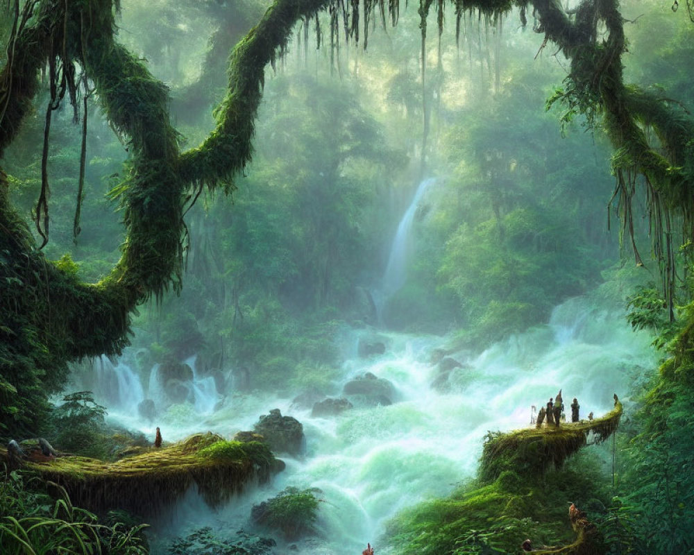 Mystical forest scene with waterfall, mist, and people on rock