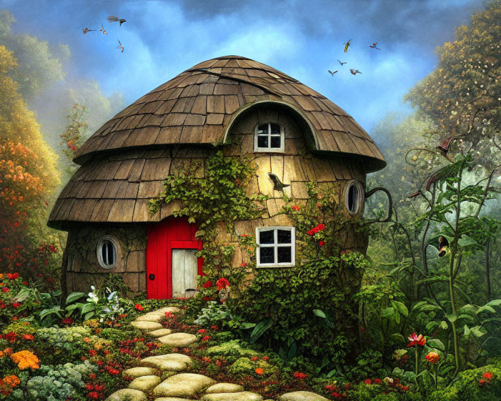 Round stone house with thatched roof, red door, ivy, gardens, birds in enchanted forest