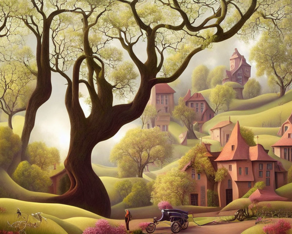 Tranquil storybook landscape with hills, trees, houses, carriage, and bicycle