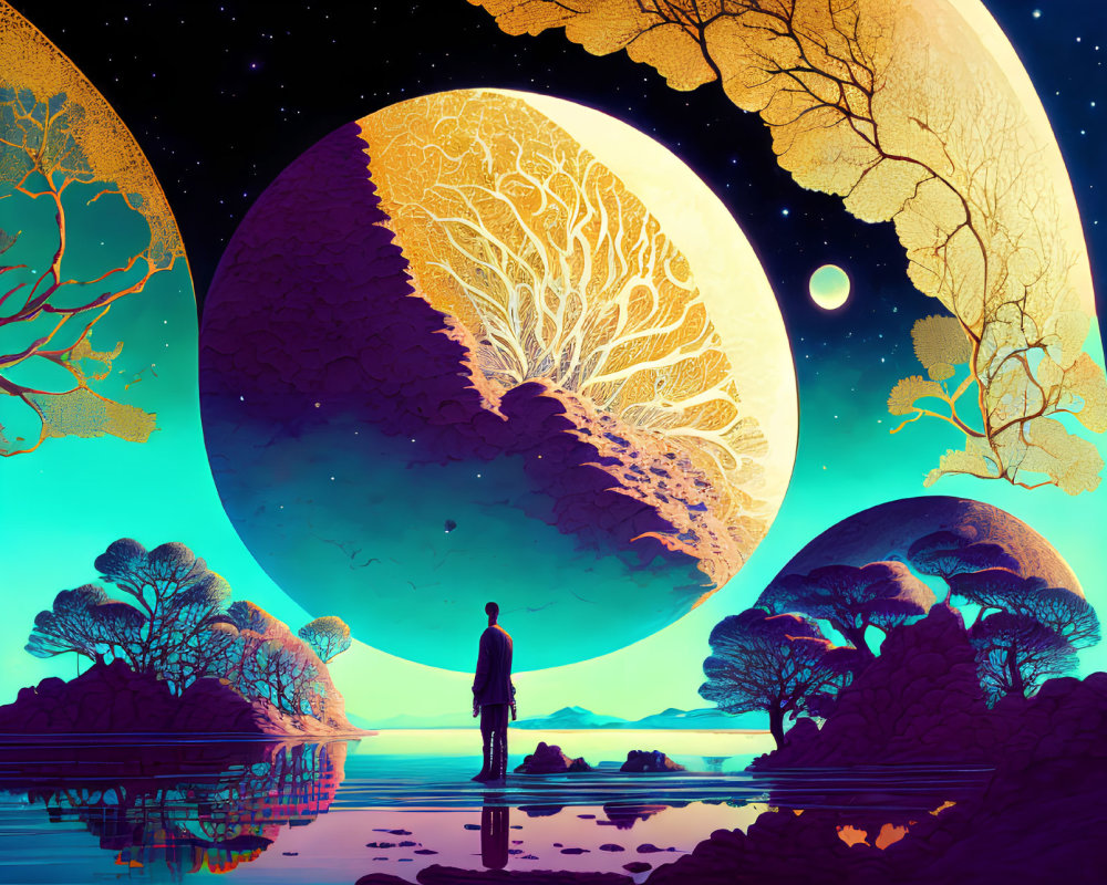 Person Contemplating Surreal Landscape with Moons and Vibrant Trees